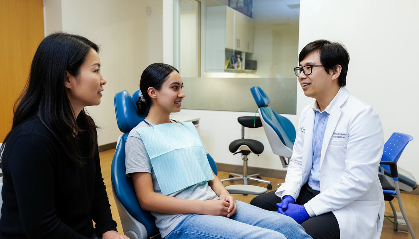 Dr. Everett Lin talking with a parent about an upcoming MRI while a teen wears braces at Aura Orthodontics in Surrey